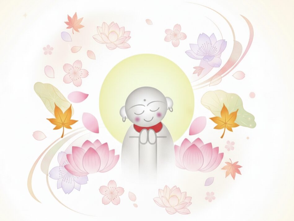 柔らかな光の中、蓮や桜、紅葉に囲まれて、安らかな表情で手を合わせるお地蔵様。水子の安寧を願う、カード型お守りのイラストです。