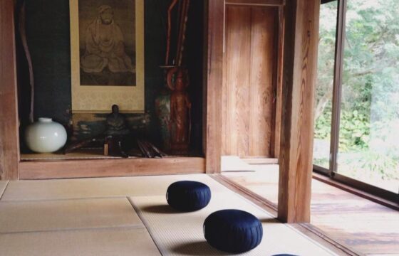 縁側に面した和室に座布団が並べられ、奥には掛け軸や仏像が飾られた、静かで落ち着いた坐禅空間。
